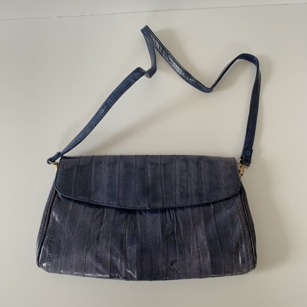 VTG 80s Clutch Crossbody Bag Leather of the Sea blue EEL SKIN purse